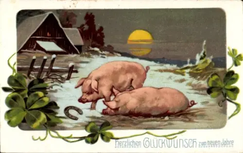 Ak Fröhliches Neujahr, Schweine, Kleeblätter, Hufeisen