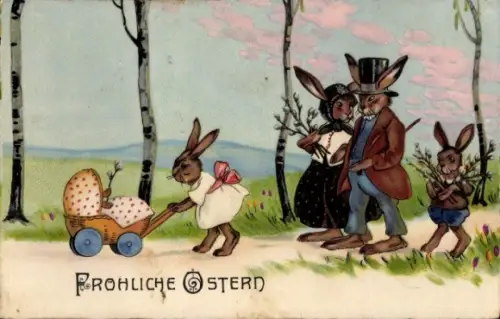 Ak Frohe Ostern, Osterhasen, Hasenfamilie beim Spaziergang, Kinderwagen