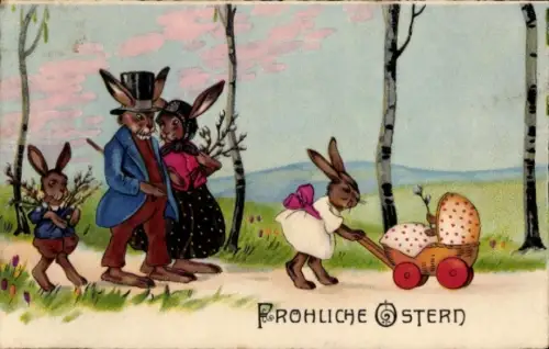 Ak Frohe Ostern, Osterhasen, vermenschlichte Hasenfamilie beim Spaziergang, Kinderwagen