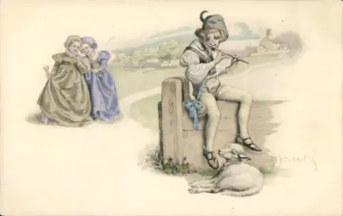 Künstler Ak Schubert, Junge mit Flöte, Lamm, Mädchen