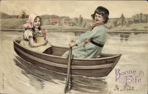 Künstler Ak Bonne Fete, Kinder im Ruderboot