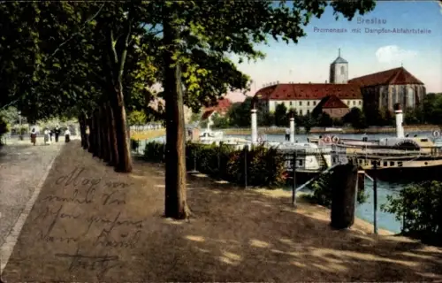 Ak Wrocław Breslau Schlesien,  Promenade, Dampfer-Abfahrtstelle, Schiffe, Bäume