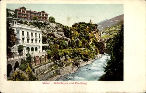 Ak Meran Merano Südtirol,  Gilfanlagen, Zenoburg, Fluss, grüne Landschaft