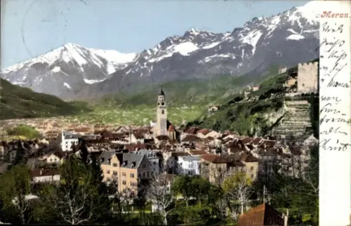Ak Meran Merano Südtirol,  Berge, Stadtansicht, Uhrturm, 