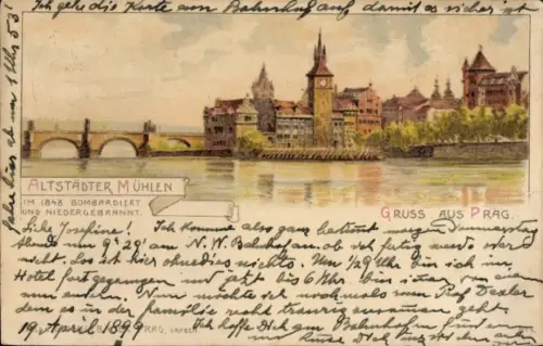 Litho Praha Prag Tschechien, Altstädter Mühlen, Gesamtansicht