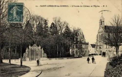 CPA Saint Germain les Corbeil Essonne, L'Entree du Chateau et l'Eglise