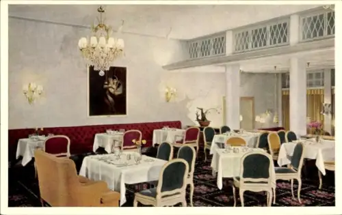 Ak Basel Stadt Schweiz, Restaurant im Hotel Euler  elegante Einrichtung, Tische mit weißen Tischd
