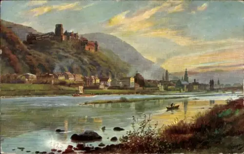 Ak Heidelberg am Neckar, Blick auf  Fluss, Boote, Berge, Schloss