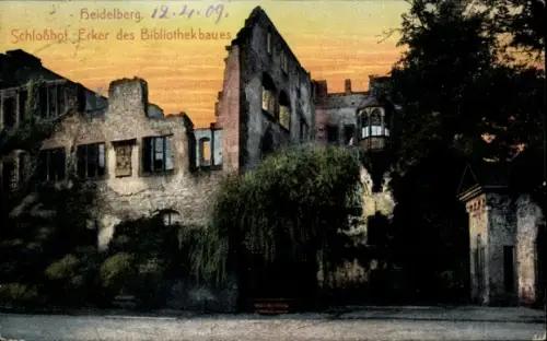 Ak Heidelberg am Neckar,  Schloss, Erker des Bibliotheksbaus, Abendstimmung