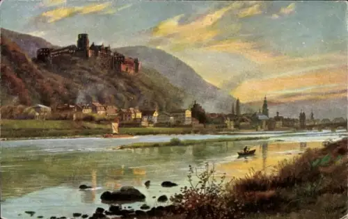 Ak Heidelberg am Neckar,  Flusslandschaft, Schloss, Berge, Boot