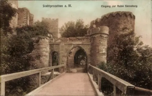 Ak Stadtprozelten am Main Unterfranken, Stadtprozelten a. M., Eingang zur Ruine Henneburg, Brücke