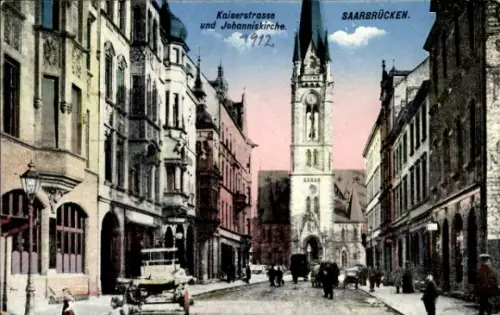 Ak Saarbrücken im Saarland, Kaiserstraße, Johanniskirche, Straßenansicht, Saarbrücken