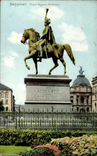 Ak Hannover, Ernst August-Denkmal, Reiterstatue,  Text auf der Statue