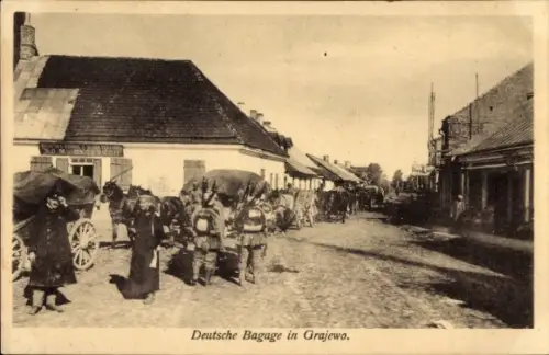 Ak Grajewo Polen, Deutsche Bagage, Train, Armeefuhrwerke