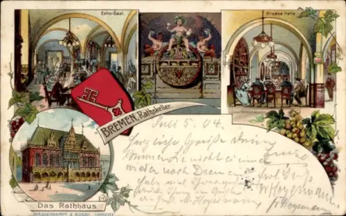 Wappen Litho Hansestadt Bremen, Gasthaus Ratskeller, Rathaus, Innenansicht