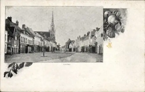 Ak Conches en Ouche Eure, Straße mit Häusern, Kirche im Hintergrund, Schriftzug 'Conches'