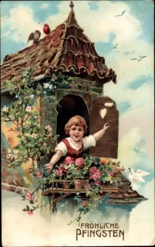 Ak Glückwunsch Pfingsten, Mädchen, Blumen, Rosen, Vögel, Turm