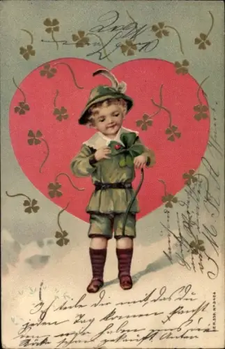Präge Litho Junge mit Glücksklee, Herz, Kitsch