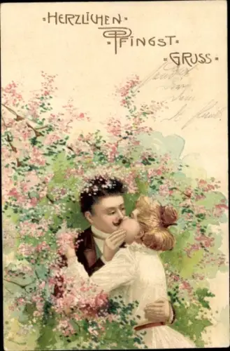 Litho Glückwunsch Pfingsten, Liebespaar, Kuss, Blühender Baum