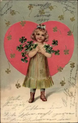 Präge Litho Mädchen mit Glücksklee, Herz, Kitsch