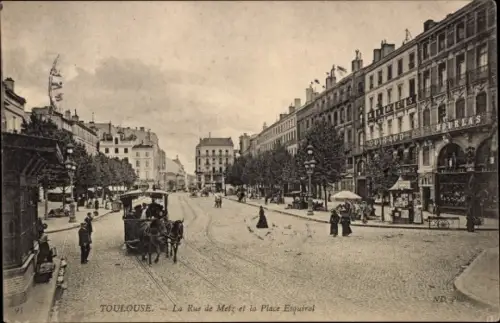 Ak Toulouse Haute Garonne, La Rue de Metz et la Place Esquirol, Pferdebahn