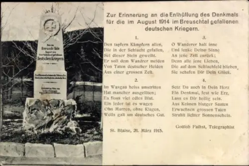 Ak Saint Blaise la Roche Elsass Bas Rhin, Denkmal für im Breuschtal gefallene dt. Krieger Aug. 1914