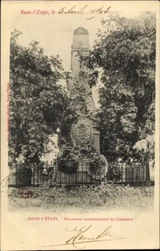 Ak Raon l'Étape Lothringen Vosges, Monument commemoratif du Cimetiere