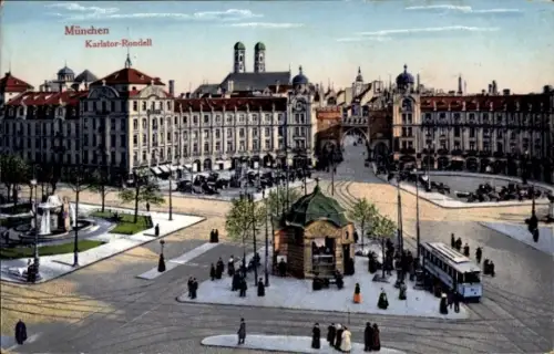 Ak München, Karlstorrondell, Straßenbahn