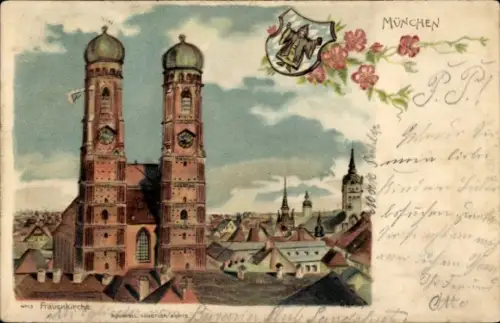 Litho München, Frauenkirche, Münchner Kindl Wappen