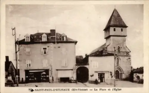 Ak Saint Paul d'Eyjeaux Haute Vienne, La Place et l'Eglise