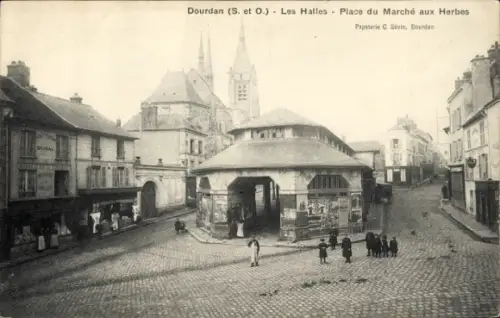 Ak Dourdan Essonne,  Les Halles, Platz, Markt,  