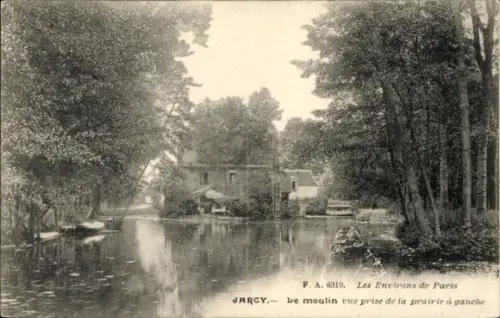 Ak Jarcy Essonne, Le moulin, vue prise de la prairie à gauche