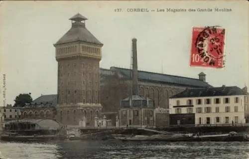 Ak Corbeil Essonne,  Les Magasins des Grands Moulins, Poststempel, rote Briefmarke