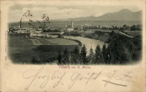 Ak Villach in Kärnten, Panorama von  Fluss, Berge, St. Martin, 