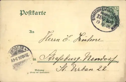 Bahnpoststempel Strassburg (Els.) - Markolsheim, Zug 105, 19.10.06, auf Postkarte Ganzsache
