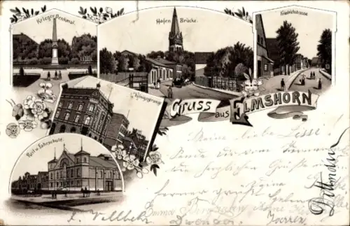 Litho Elmshorn in Holstein, Reit- und Fahrschule, Kriegerdenkmal, Hafenbrücke, Friedrichstraße