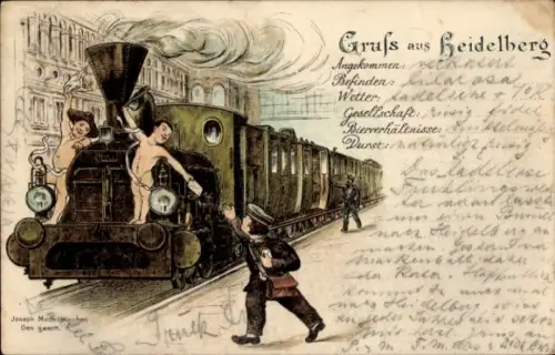 Litho Heidelberg am Neckar, Lokomotive im Bahnhof angekommen