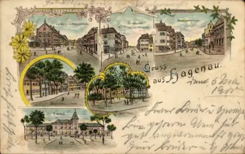 Litho Haguenau Hagenau im Elsass Bas Rhin, Kaserne, Bahnhof, Post, Metzgerstraße