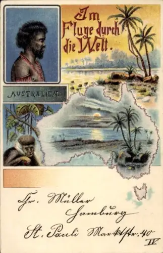 Litho Im Fluge durch die Welt, Australien, Landkarte