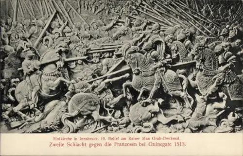 Ak Innsbruck in Tirol, Relief am Kaiser Max Orab-Denkmal, Zweite Schlacht, Franzosen, Guinegate 1