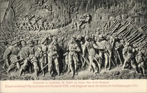 Ak Innsbruck in Tirol, Hofkirche, Relief am Kaiser Max Grab-Denkmal, Zusammenkunft Maximilians
