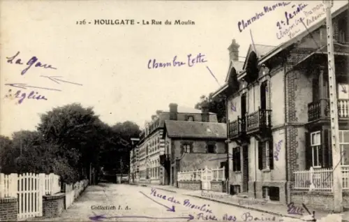 Ak Houlgate Calvados, La Gare, Eglise, 126 HOULGATE, La Rue du Moulin, Chambre Lette, Chambre Mam