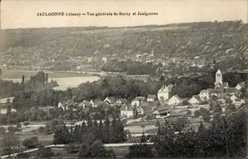 Ak Jaulgonne Aisne, Landschaftsansicht, Fluss, Häuser, Kirche, Bäume