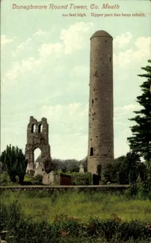 Ak Kells Co. Meath Irland, Donaghmore Round Tower, Co. Meath, hoher Turm, Ruinen, wiederaufgebaut