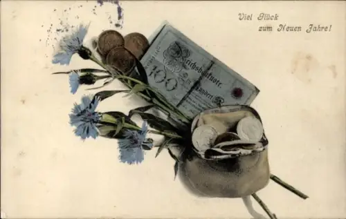 Ak Glückwunsch Neujahr, Münzen, Geldscheine