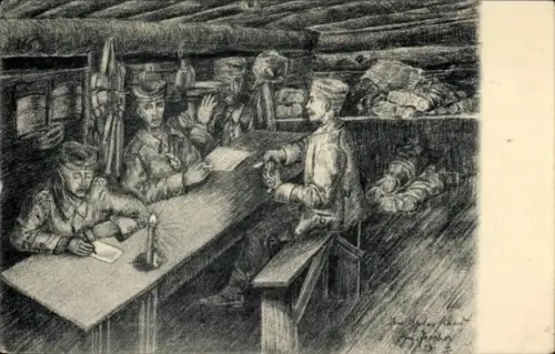 Ak Tours Indre et Loire, Soldaten schreiben Feldpostkarten in einem Unterstand.