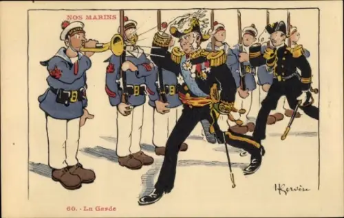 Ak La Garde Freinet Var, Karikatur von Matrosen, die einem Admiral salutieren.