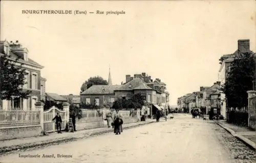 Ak Bourgtheroulde Eure,  Rue principale, Schwarz-Weiß-Foto, Menschen, Pferdewagen