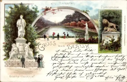 Litho Berlin Tiergarten, Goldfischteich, Löwengruppe, Goethe Denkmal