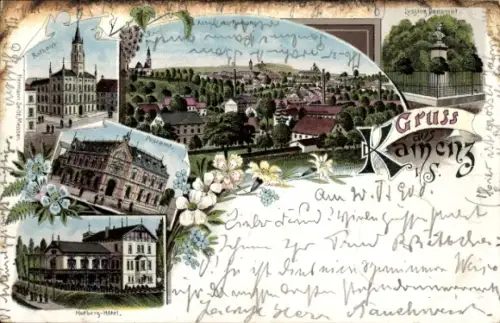 Litho Kamenz Sachsen, Lessing Denkmal, Rathaus, Postamt, Hutberg Hotel, Totalansicht